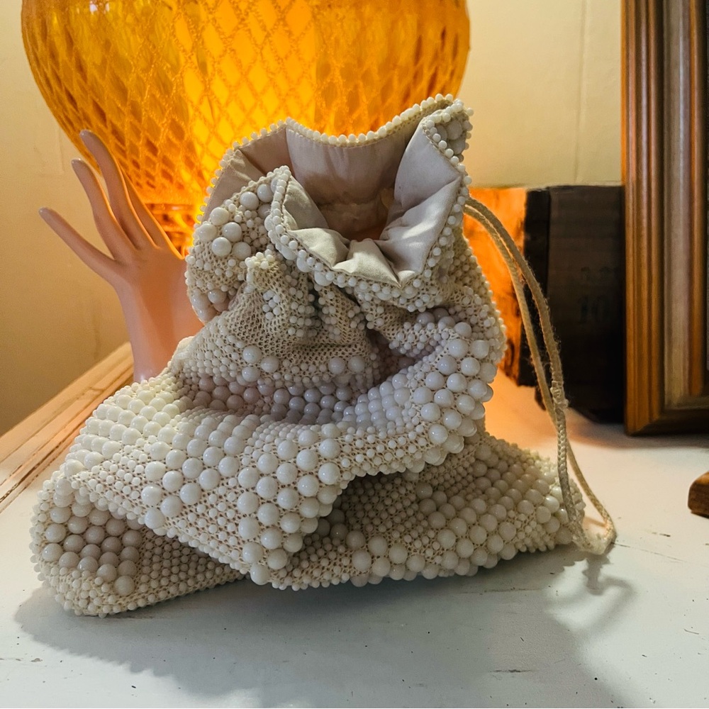 Vintage Ivory Beaded Drawstring Pouch